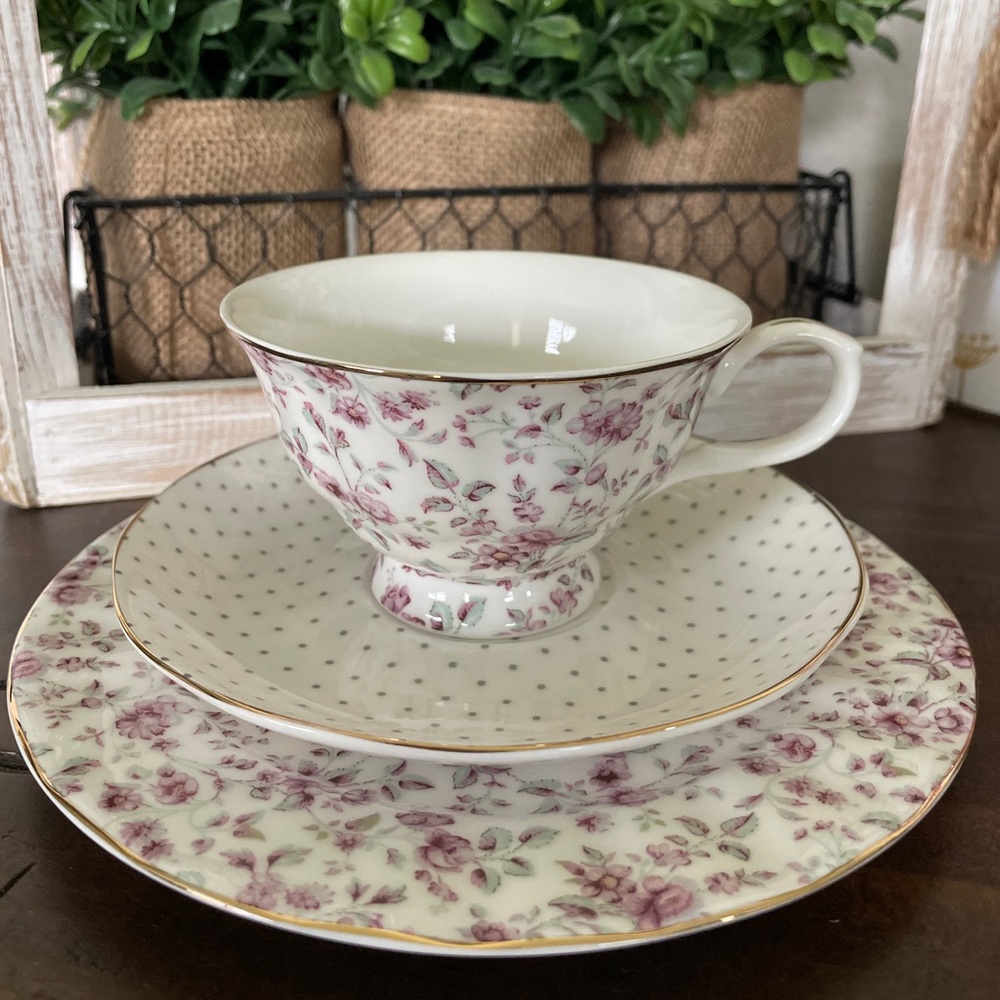 Ditsy Floral White Afternoon Tea Set | Bone China DAINTY Trio ~ Vintage Spring